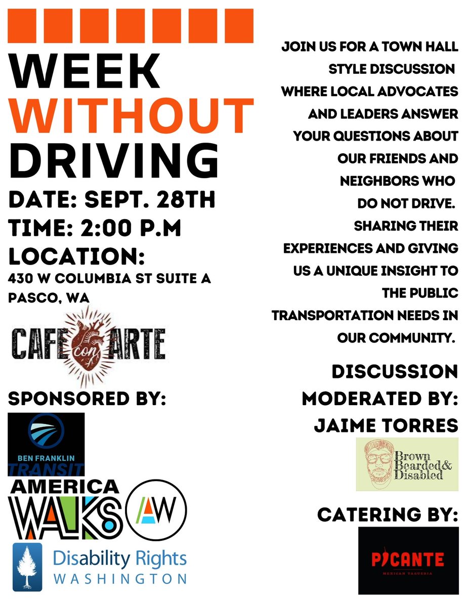 We're kicking of #WeekWithoutDriving in Washington state tomorrow with a community discussion @ Cafe Con Arte in Pasco! The challenge starts Monday. Are you signed up?