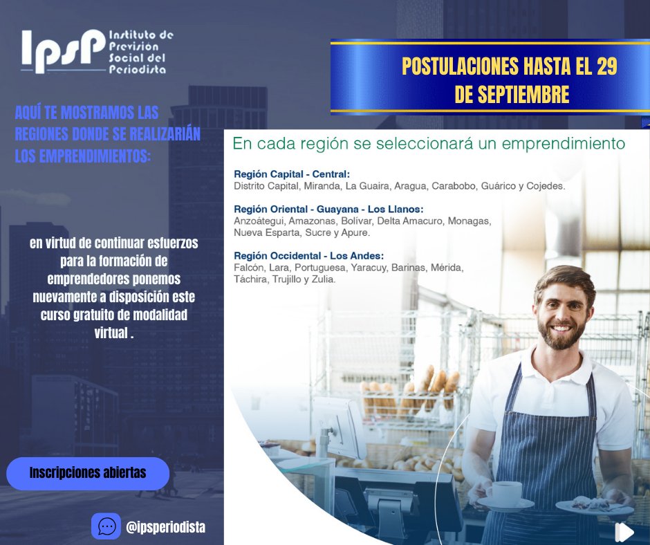 Recuerda que "HASTA EL 29 SEP PODRAS POSTULAR" al Presupuesto Participativo para Emprendedores Banesco. Podrán inscribirse los periodistas emprendedores formados en el Programa de Formación de Microempresarios a través de la alianza con el IPSP. Más en ipsperiodista.org