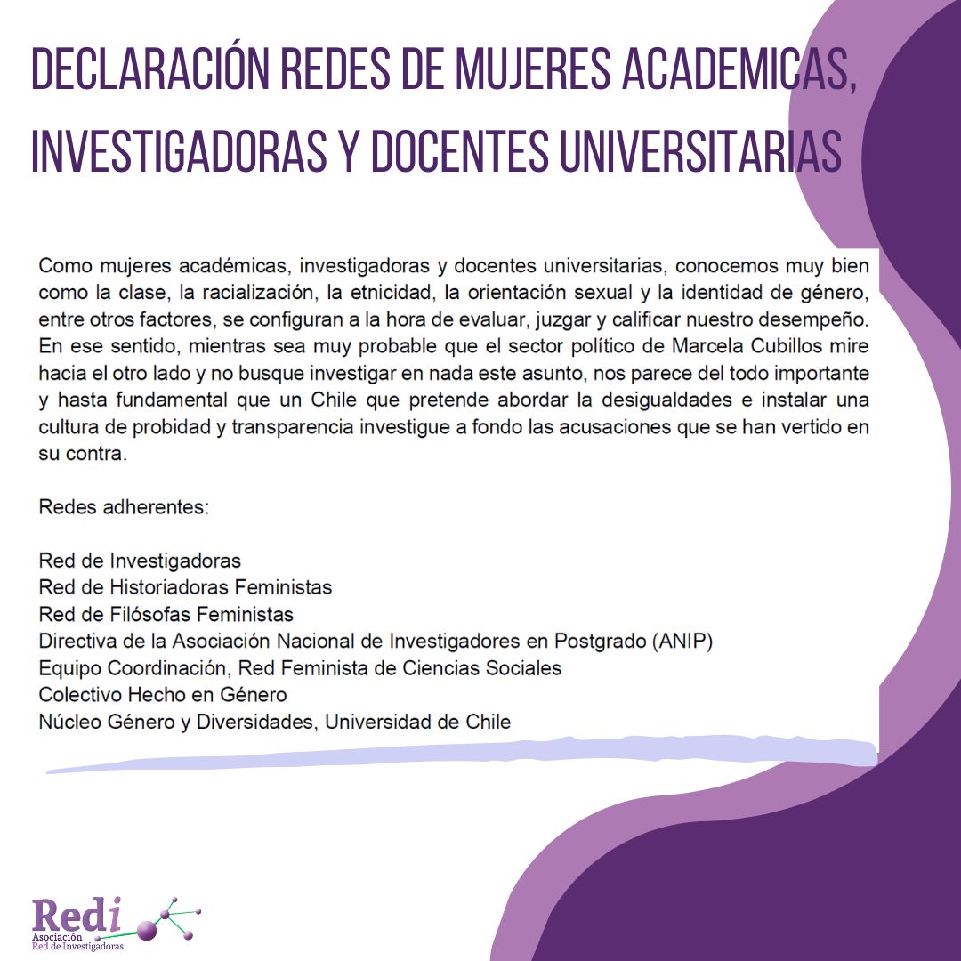 Declaración de redes y orgas de mujeres académicas, investigadoras, y docentes universitarias sobre Caso Cubillos 👇🏽
<a href="/historiadoras/">Red de Historiadoras Feministas</a> <a href="/rff_chile/">Red de Filósofas Feministas en Chile</a> <a href="/RedPolitologas/">Red De Politólogas - #NoSinMujeres</a> <a href="/redfem_ccss/">Red Feminista de las Ciencias Sociales</a> <a href="/ANIP_Chile/">ANIP Chile</a> <a href="/nucleo_y/">Núcleo Diversidad y Género</a>