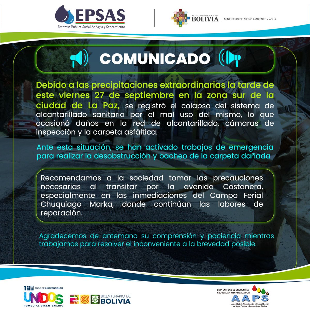 rtp_bolivia's tweet image. #RTPInforma 
▶ #EPSAS advierte que se realizan trabajos de reparación en la red de alcantarillado de la zona Sur de La Paz, afectado por la lluvia de este viernes. Pide a la población tomar las precauciones necesarias al pasar por la Costanera.