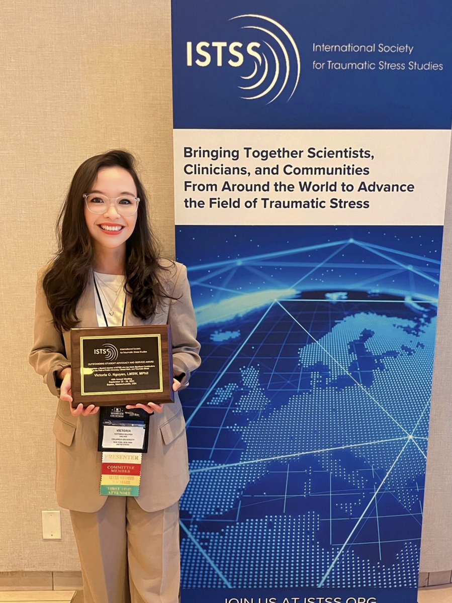 Grateful to receive the award for outstanding contributions in public advocacy, clinical work, and traumatic stress research, and to present my work at #ISTSS2024. Thank you to <a href="/ISTSSnews/">ISTSS</a>, <a href="/ISTSS_Students/">ISTSS Student Section</a>, and those I connected with for making my first time attending so special!