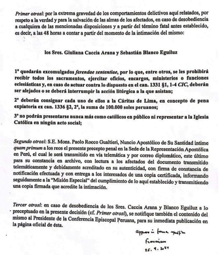 Sobre el increíble abuso espiritual con amenaza de excomunión firmada por el Papa contra fieles católicos que sólo pide ser escuchados: Acá va la copia de la carta de la Nunciatura Apostólica en el Perú.  El ocaso del pontificado.