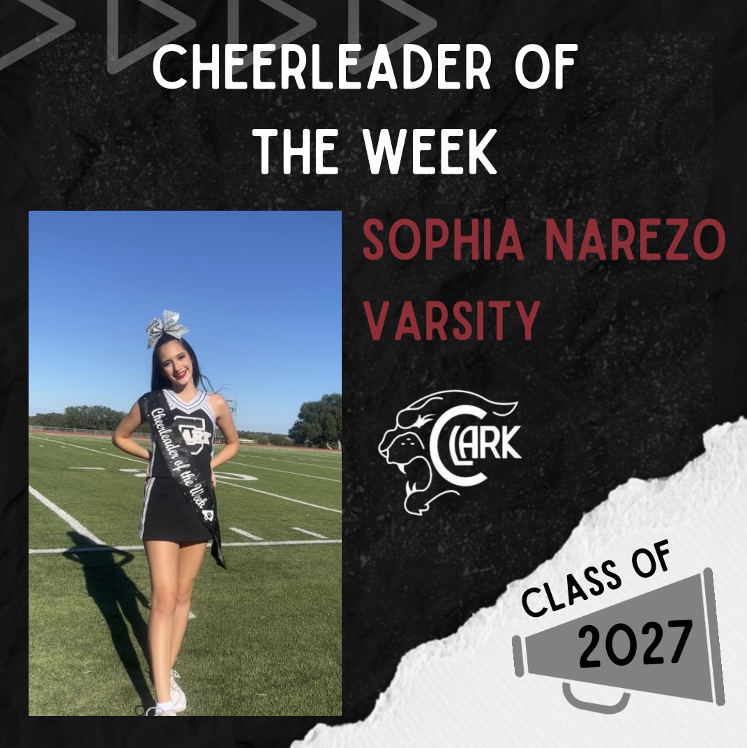 Our cheerleader of the week for homecoming week is Sophia N!! Sophia is one of our varsity sophomores and flyers. She always shows up with a positive attitude and smile on her face. We are so happy to have her, Congrats Sophia!💞⭐️