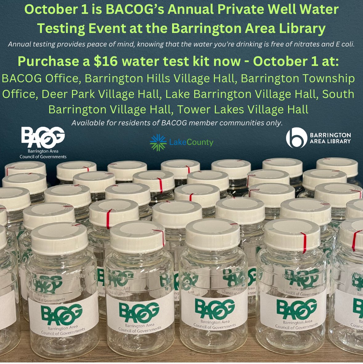 There is still time to purchase a private well water kit! The BACOG Private Well Water Testing Event is Tuesday, October 1, 11:00am - 6:30 at the Barrington Area Library. #bacog #wellwatertesting #safewater
