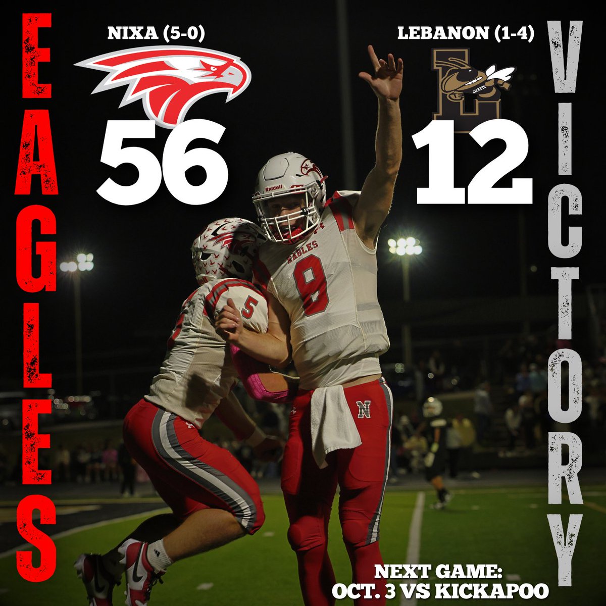 🏈 <a href="/NixaFootball/">nixafootball</a> drops a season-high offensively to roll past Lebanon 56-12.

Adam McKnight throws for 3 TDs to Wyatt Vincent, Dylan Rebura, and Keivon Flint.

Rebura adds another 4 on the ground for a 5 TD night.

Maddox Gibson connects with Matt Meiser for the last TD.

Eagles