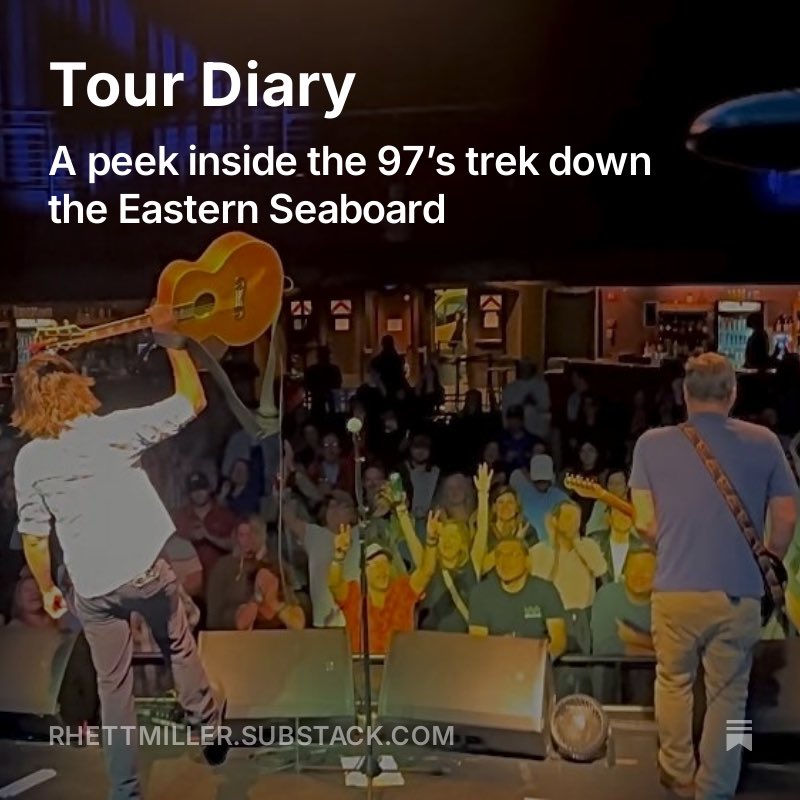 Checking in from the tour bus as it drives into a tropical storm. Find me over on the stack. 

rhettmiller.substack.com/p/tour-diary
