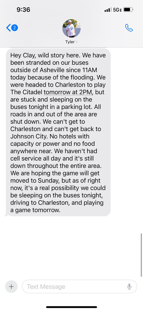 ETSU head coach Tyler Dell texts me his team is stranded on buses in Asheville because of flooding. The team is sleeping on the buses tonight in parking lots. So far Citadel has not changed game time, which is set for two tomorrow. Absolutely crazy situation.