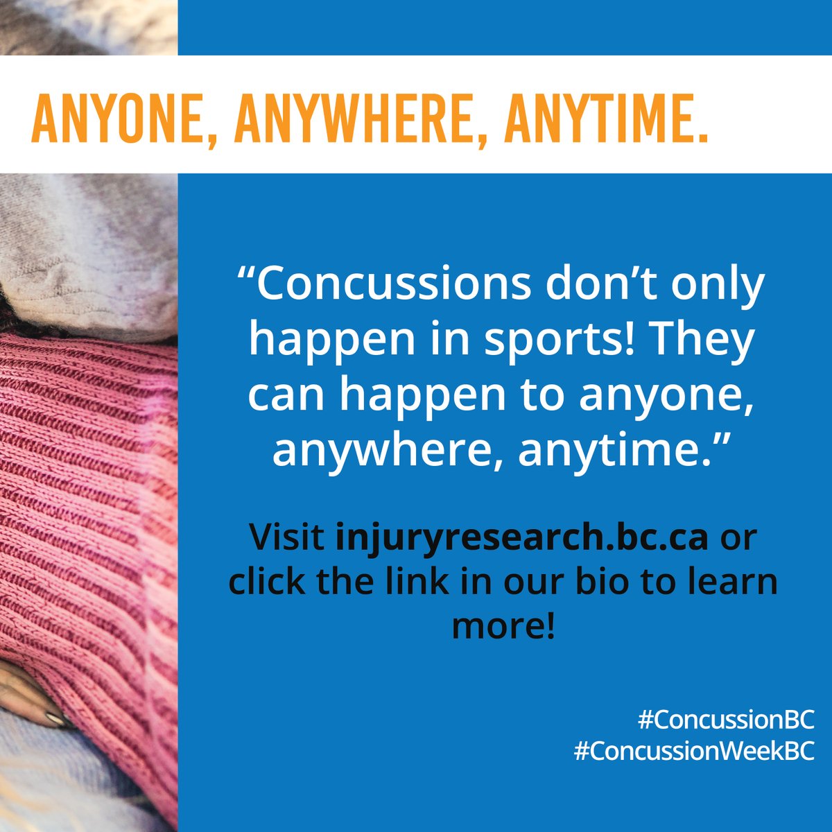 cattonline (@cattonline) on Twitter photo Concussions don’t only happen in sports! They can happen to anyone, anywhere, anytime. Visit injuryresearch.bc.ca/injury-priorit…
#concussionbc #concussionweekbc
<a href="/BCChildrensHosp/">BC Children's Hospital</a> <a href="/BCCHresearch/">BC Children's Hospital Research Institute</a> Concussions don’t only happen in sports! They can happen to anyone, anywhere, anytime. Visit injuryresearch.bc.ca/injury-priorit…
#concussionbc #concussionweekbc
<a href="/BCChildrensHosp/">BC Children's Hospital</a> <a href="/BCCHresearch/">BC Children's Hospital Research Institute</a>