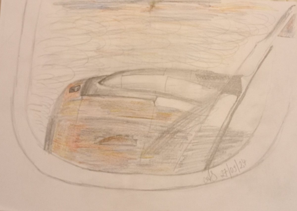 My daily sketch today was in the sky, over the clouds. I had the window seat and two pencils (one a rainbow one), so here the aircraft engine on my way to England: