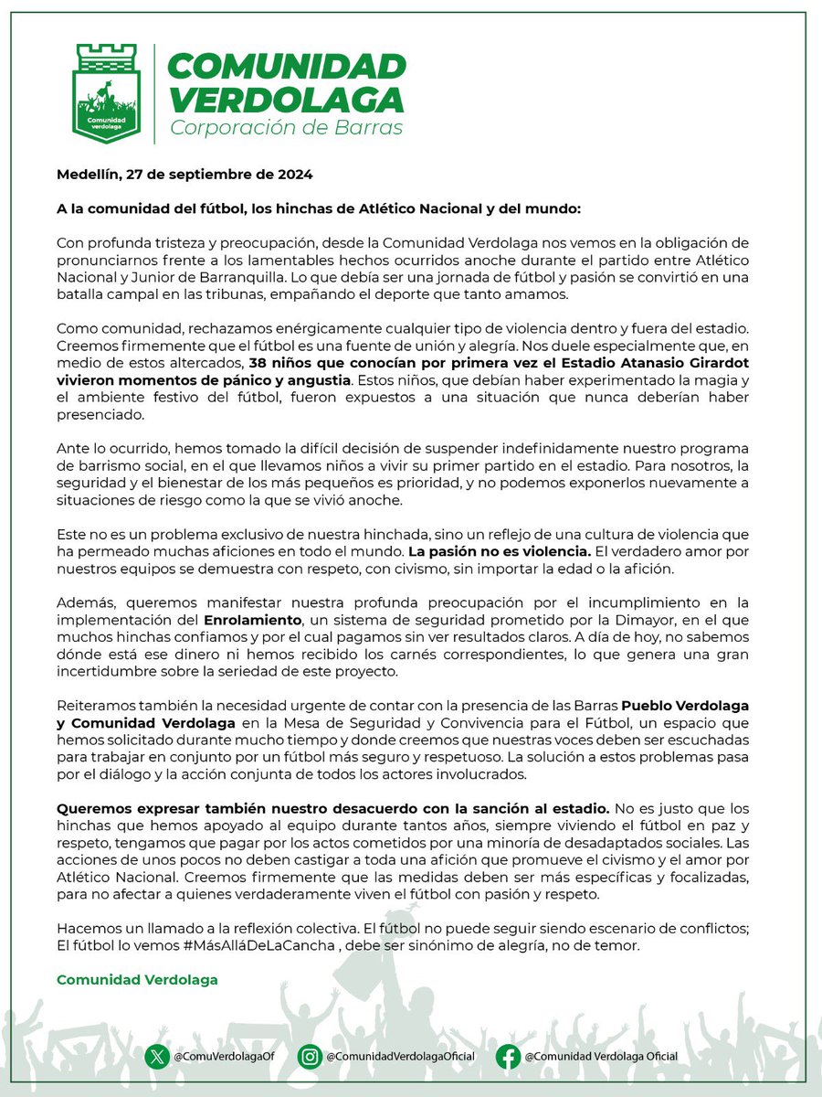 Comunicado Comunidad Verdolaga. #MásAlláDeLaCancha <a href="/AlcaldiadeMed/">Alcaldía de Medellín</a> <a href="/nacionaloficial/">Atlético Nacional</a> <a href="/PuebloVerdolaga/">Pueblo Verdolaga</a> <a href="/LDSoficial/">Los Del Sur</a> <a href="/Dimayor/">DIMAYOR</a>