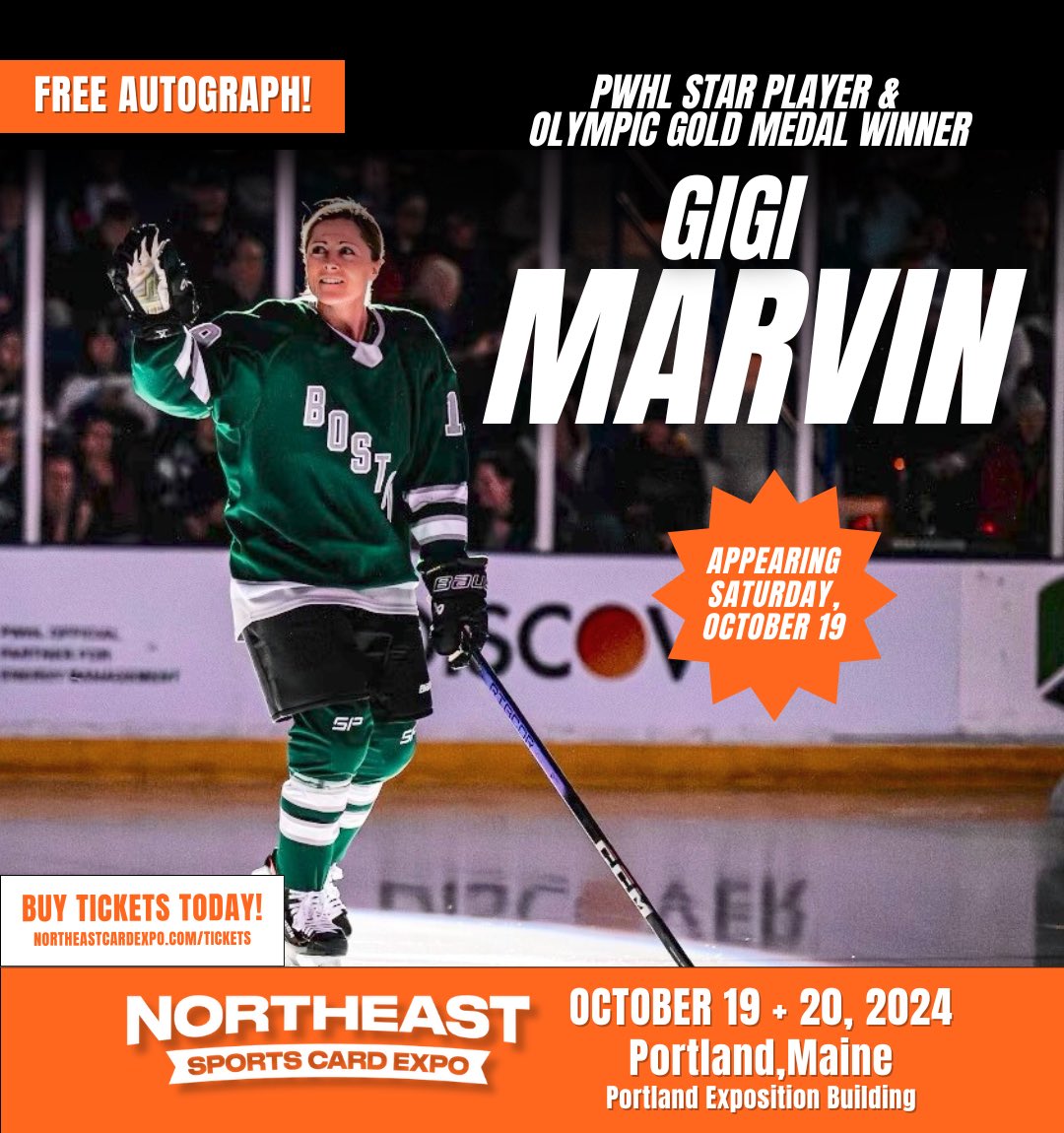 🏒<a href="/GigiMarvin/">Gigi Marvin</a> is headed to the #NortheastSportsCardExpo in Portland, Maine on October 19! 🏒Come meet the <a href="/PWHL_Boston/">Boston Fleet</a> star and snag a FREE autograph. 

Get your tickets now and be part of the action: northeastcardexpo.com/portland2024.