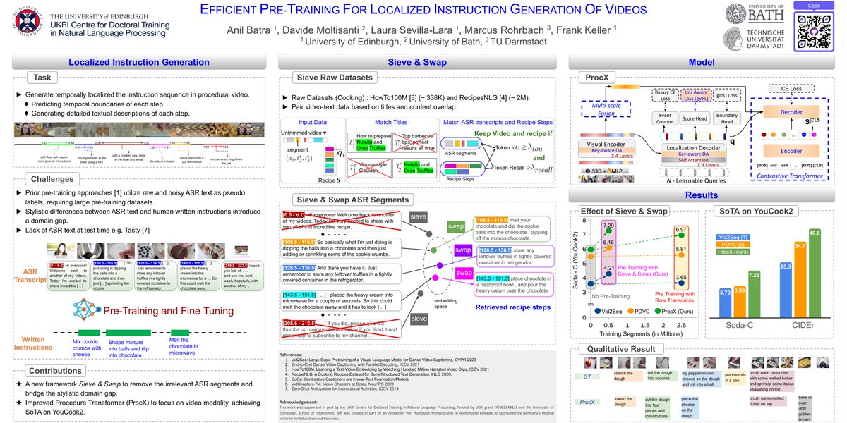 🚫🤖 Tired of noisy video ASR text?

🎥 Introducing Sieve &amp; Swap – our method to filter noisy text for efficient pre-training of instructional videos, good for dense video captioning! #ECCV2024

Work w/ <a href="/davmoltisanti/">Davide Moltisanti</a>, Laura Sevilla, <a href="/marcus_rohrbach/">Marcus Rohrbach</a>, <a href="/frank_e_keller/">Frank Keller</a>
