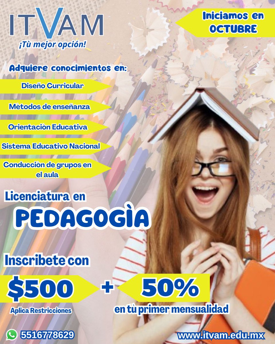 ITVAM_MX's tweet photo. Conviertete en un transformador de la educacion, estudia Pedagogìa entre semana presencial o a distancia. Iniciamos en Octubre #pedagogia #siquierespuedes #sep  😜💪💜 https://t.co/QjdtyqWxoN