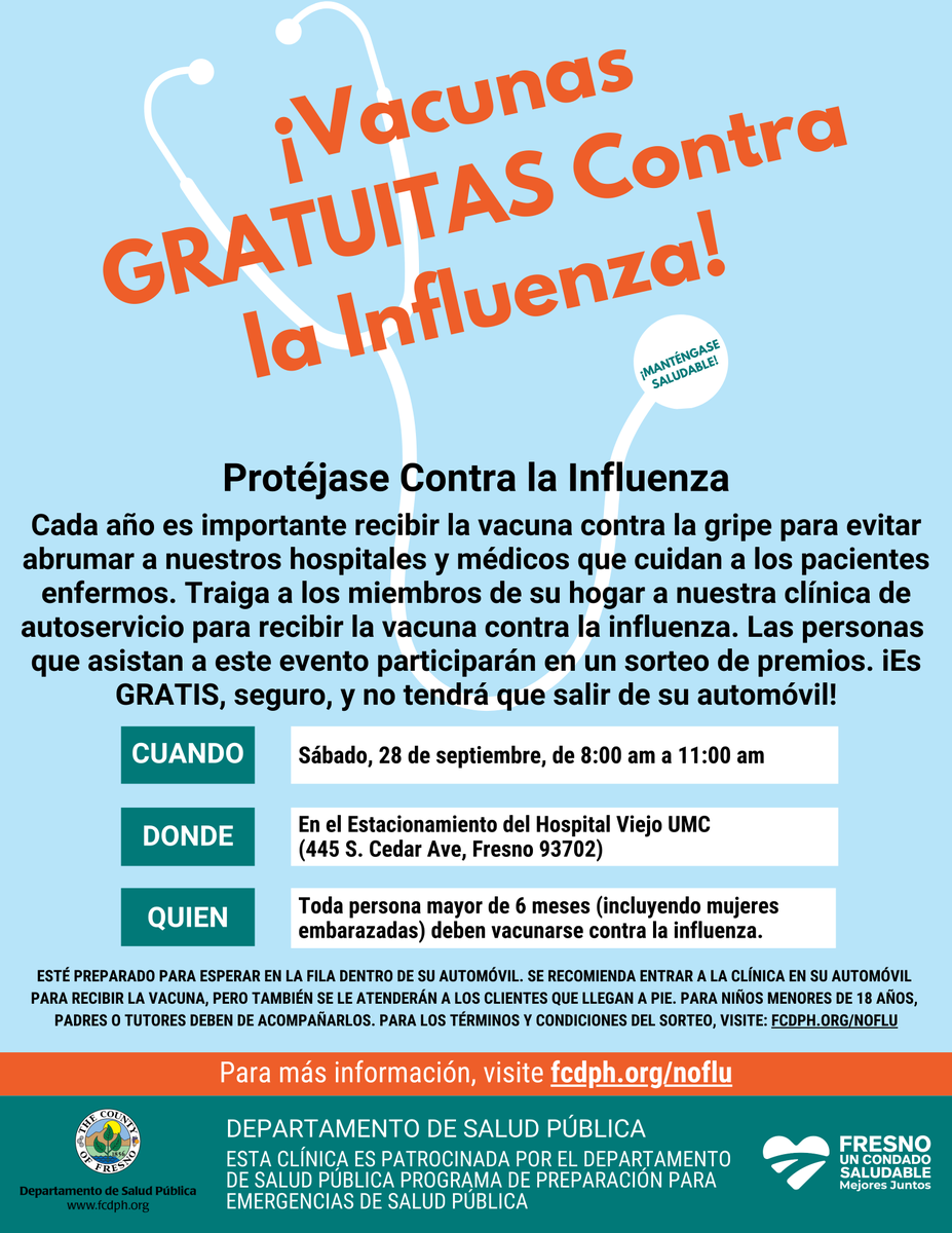 healthyfresnoco's tweet photo. The Fresno County Department of Public Health's Emergency Preparedness Program is hosting a FREE drive-thru flu vaccination event on Saturday, September 28th from 8:00 am – 11:00 am at the Old UMC Parking lot. https://t.co/BURySfcGKb via @Nextdoor https://t.co/C43ewN2gNy