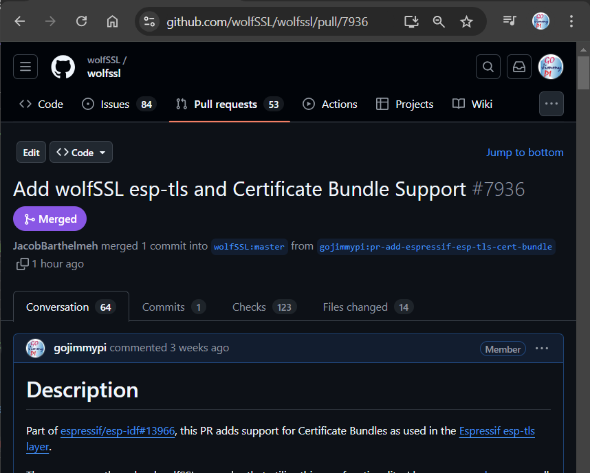 gojimmypi's tweet photo. Woohoo! My @wolfSSL Pull Request 7936 was merged today!
The encryption libraries worked in a project; however, this update lets components in the ESP-IDF such as the esp-tls and http libraries leverage the power and flexibility of #wolfSSL #wolfcrypt #TLS 1.3 #PQ and more. https://t.co/sOwjgrbiOd
