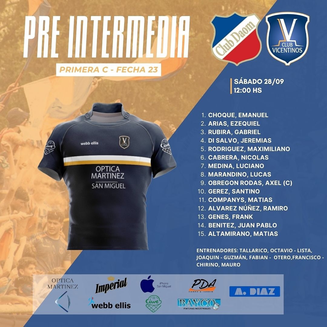 Formaciones para enfrentar DAOM, por la Fecha 23 del torneo de la Primera C de la URBA

⏰ Pre 12:00 Hs - Inter 13:45 Hs - Primera 15:30 Hs

Felicitamos a Thiago Gomez, quien realizará su debut en la Primera.

💪🏽 ¡Dejanos tu mensaje de aliento y te esperamos!

#VamosVicente