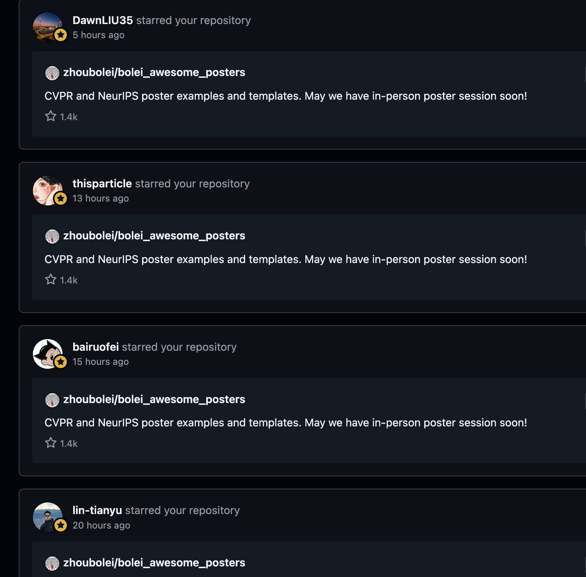 zhoubolei's tweet image. After the #NeurIPS2024 result came out yesterday, my poster repo started getting more stars😂. You are welcome to take my previous posters and pptx sources as references to create your awesome posters! github.com/zhoubolei/bole…