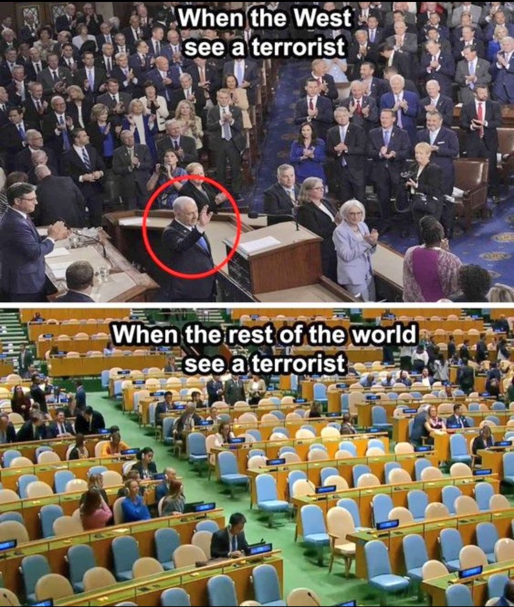 abdulhniazi's tweet photo. From a standing ovation by cronies to an empty hall in protest at the United Nations.

#IsraeliApartheid #UNGA #UNGA79 #Palestine #Lebanon #Beirut #Yemen #Hezbollah #SatanYahu #StopArmingIsreal https://t.co/PtquuIGUkh