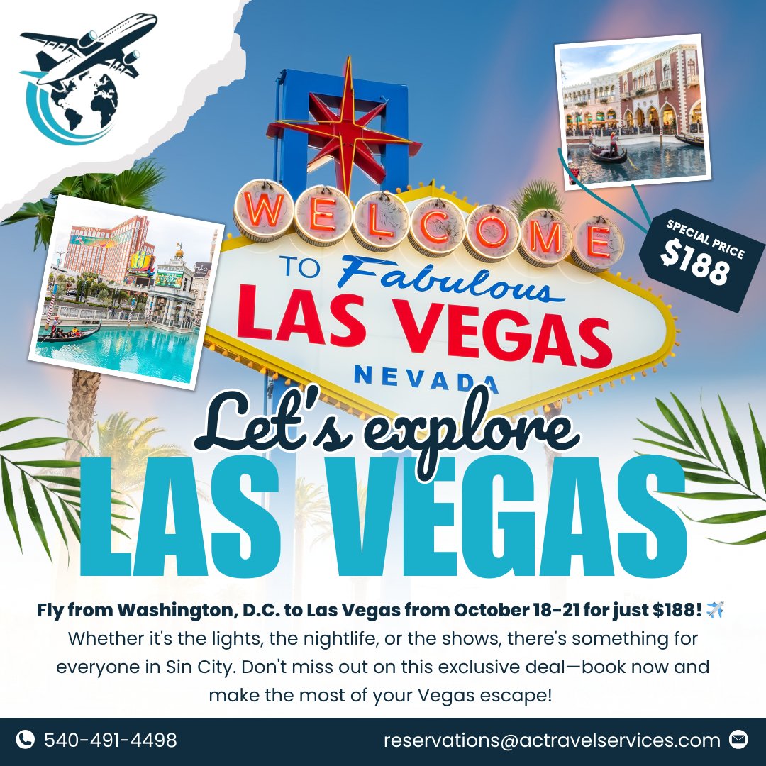 ACTRAVELSERVICE's tweet photo. Secure your spot now before this limited-time offer takes off! 🌟

https://t.co/kCCG3VjOu2

📞540-491-4498
✉reservations@actravelservices.com

#VegasBound #TravelDeals #DCtoVegas #SinCityEscape #VegasVibes #OctoberGetaway #CheapFlights #ExploreVegas #WeekendInVegas https://t.co/dDsMa0RmCB