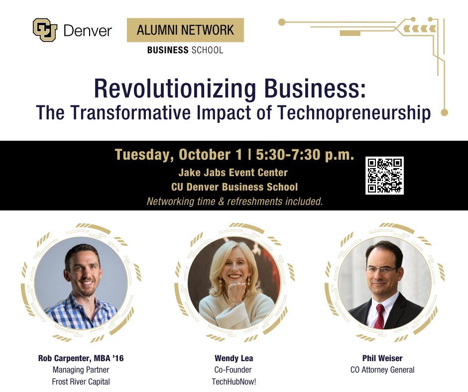 JakeJabsCenter's tweet image. Happening Tuesday October 1st, 2024, Don't miss out on this amazing technopreneurship networking event from 5:30-7:30 PM @CUDenBusiness  @CUDenver 

RSVP &amp;gt; bit.ly/3BpzADh