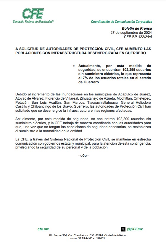 La <a href="/CFEmx/">CFEmx</a> trabaja en coordinación con autoridades municipales para restablecer el suministro eléctrico en Guerrero, una vez que las condiciones sean óptimas. shorturl.at/dje10