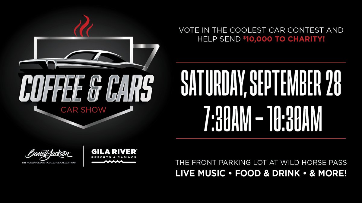 Future Collector Car Show (@fccsofficial) on Twitter photo Registered for FCCS? Stop by <a href="/PlayAtGila/">Gila River Resorts & Casinos</a> Wild Horse Pass this Saturday for Coffee and Cars from 7:30 to 10 a.m., show off your ride and pick up your registration packet early! Registered for FCCS? Stop by <a href="/PlayAtGila/">Gila River Resorts & Casinos</a> Wild Horse Pass this Saturday for Coffee and Cars from 7:30 to 10 a.m., show off your ride and pick up your registration packet early!