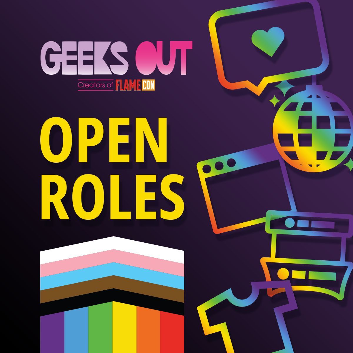 Geeks OUT is looking for folks to keep the conversation going across our Geeks OUT &amp; Flame Con social media accounts.

Check out more info on this and other open roles on the Geeks OUT JOIN US page buff.ly/3XANSYY.