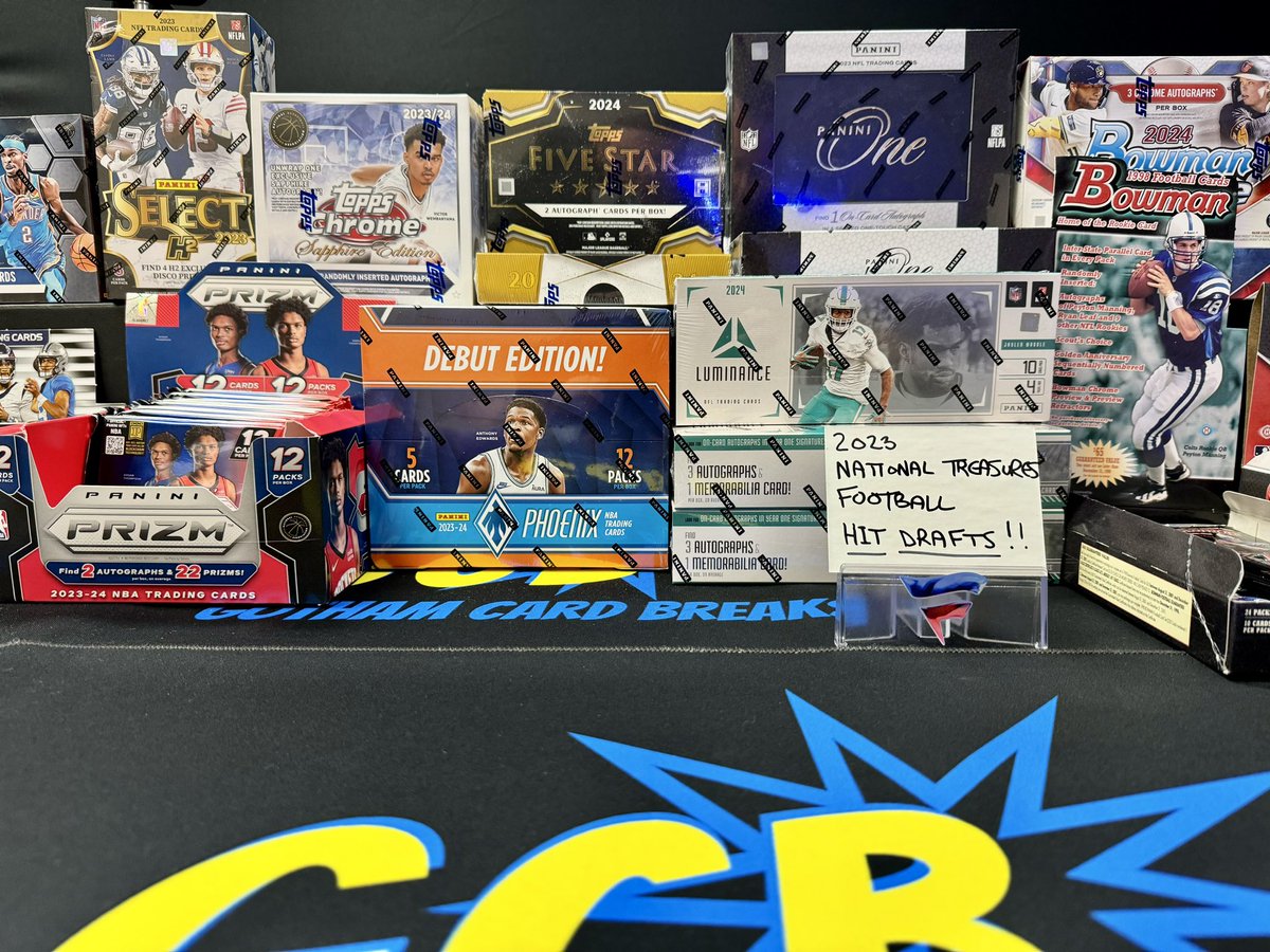 GothamBreaks's tweet photo. MASSIVE Release Day! National Treasures 🏈 Topps Five Star ⚾️ &amp; the debut edition of ‘23/24 Phoenix 🏀! 

Live all night, starting at 7:45pm ET, on Fanatics Live! Personals, hit drafts &amp; giveaways! Link ⬇️ to join in!

https://t.co/dKcSI7ElVA https://t.co/cgniTerJJU