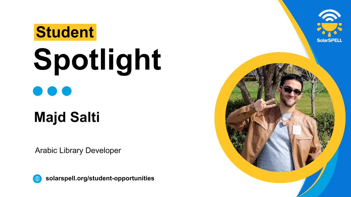 ASU SolarSPELL Initiative (@solarspell) on Twitter photo Meet Majd, our Arabic Library Development Intern! A Computer Science student at <a href="/ASUEngineering/">ASU Ira A. Fulton Schools of Engineering</a>, he organizes new content for our NE Syria Education Library. Thank you, Majd, for your hard work!
#ASU #StudentSuccess #GlobalImpact
Connect with Majd: linkedin.com/in/majd-salti-β¦ Meet Majd, our Arabic Library Development Intern! A Computer Science student at <a href="/ASUEngineering/">ASU Ira A. Fulton Schools of Engineering</a>, he organizes new content for our NE Syria Education Library. Thank you, Majd, for your hard work!
#ASU #StudentSuccess #GlobalImpact
Connect with Majd: linkedin.com/in/majd-salti-β¦