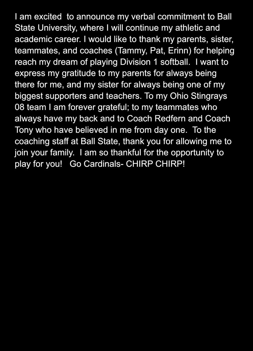 Brooke45261's tweet photo. I am excited to announce my verbal commitment to Ball State University ❤️🖤 @CoachPena_BSU @CoachBurns17 @avrey_steiner @BallStateSB @StingraysOhio @ohiostingrays08 @BillBowers121 https://t.co/yjh6GX7tcx
