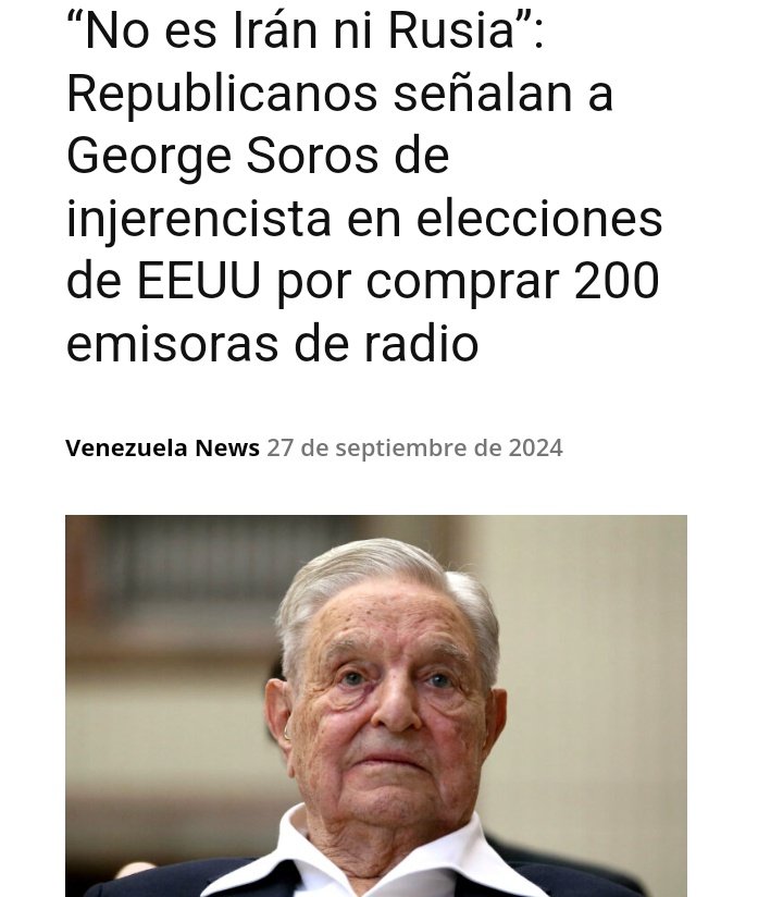 España, Pascual Serrano,
“Es curioso que denuncien la supuesta injerencia de Irán y Rusia, pero ignoren la influencia de Soros, quien ahora controla medios que alcanzarán a más de 165 millones de estadounidenses”, señaló Serrano. venezuela-news.com/republicanos-s… vía <a href="/VNVenezuelanews/">Agencia Venezuela News</a>