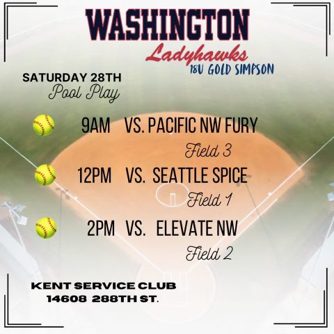 Can’t wait to play this weekend in the Flame invite tournament! Please check out my schedule for Saturday. Sunday will follow with bracket play. Go HAWKS <a href="/ladyhawksgold/">Washington Ladyhawks Fastpitch Organization</a> <a href="/Drew_Rich1221/">Andrew Rich</a> <a href="/CoachTarr/">Heather Tarr 🦄 💜</a> <a href="/stef_ewing/">Stef Ewing</a> <a href="/EastlakeFP/">Eastlake HS Wolves Fastpitch</a> <a href="/EastlkFastpitch/">Eastlake Fastpitch</a> <a href="/JustinShults33/">Justin Shults</a> <a href="/SandraWente/">Sandra Wente</a>