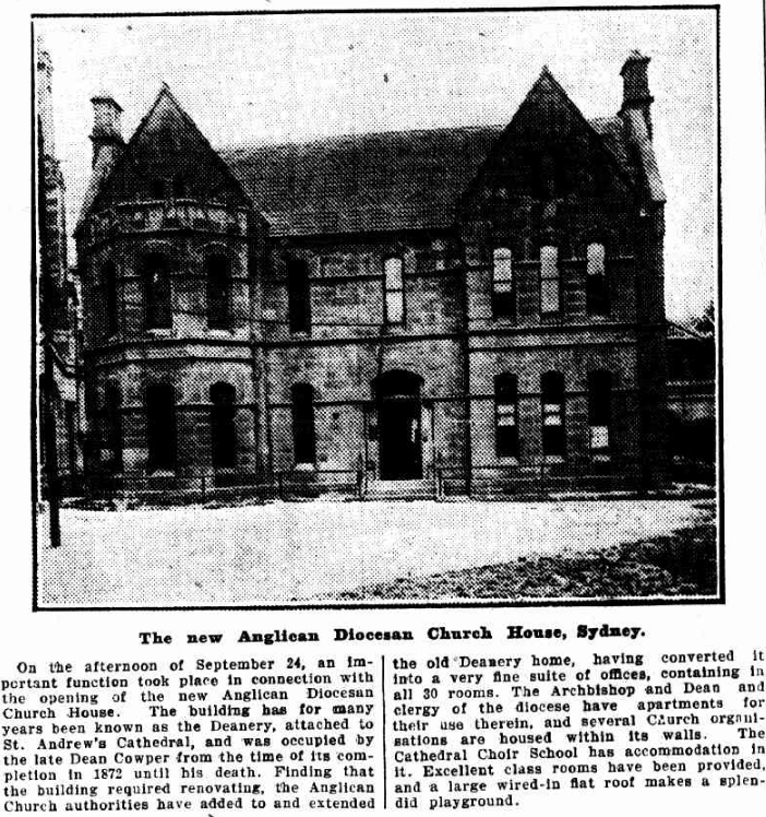 AustAnglican's tweet image. 24 September 1917: opening and dedication of Diocesan Church House, next to @SydneyCathedral. The old deanery was extensively enlarged and remodelled. Demolished in 1974, this space is now part of Sydney Square. @SydAnglicans #107years