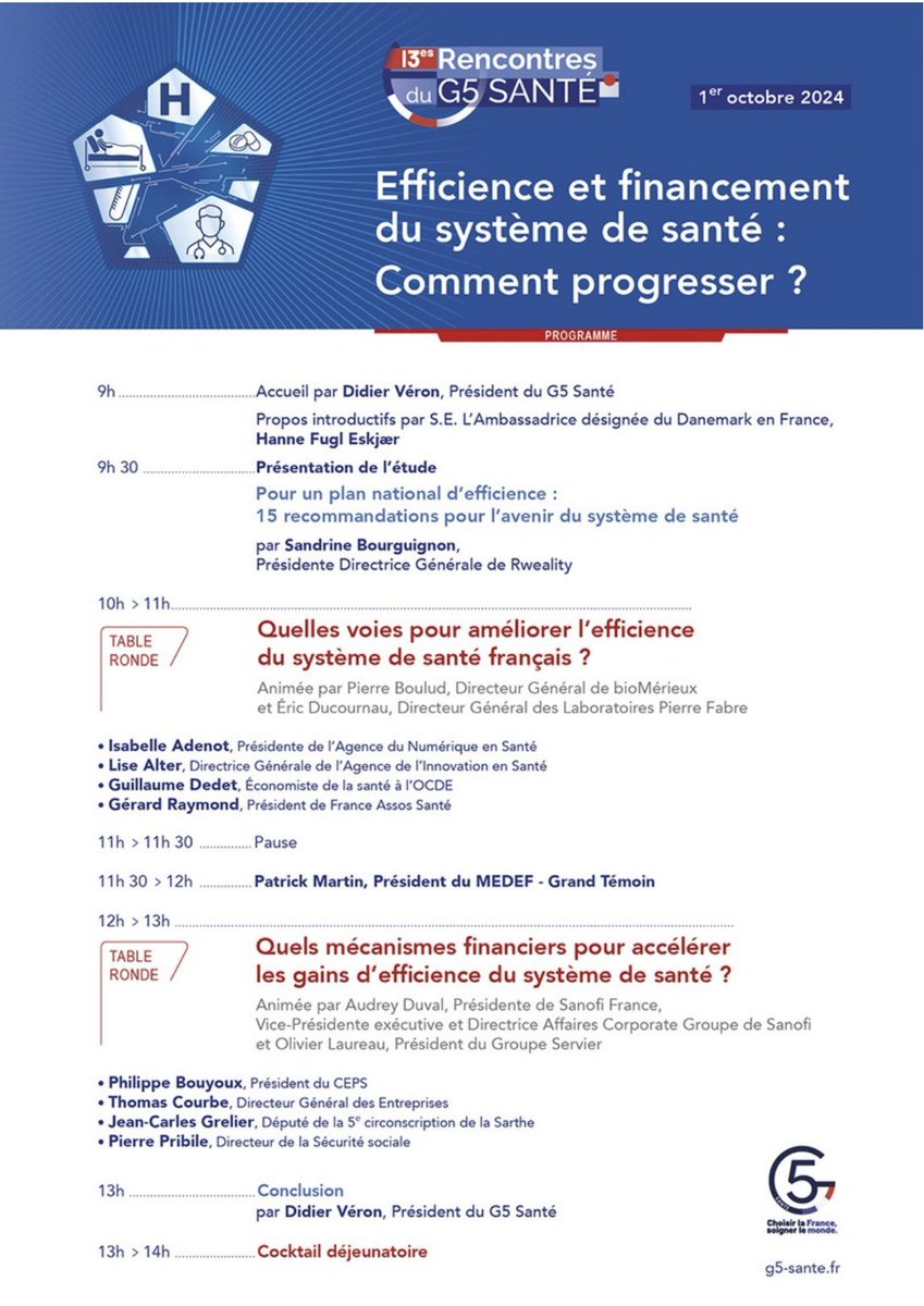 ✅ SAVE THE DATE : 13èmes Rencontres du G5 Santé, le 1er octobre 2024 
consacrées à l’efficience et au financement du parcours de soins du patient.
Il est encore temps de s’inscrire.

▶ lnkd.in/gS9UPrMp