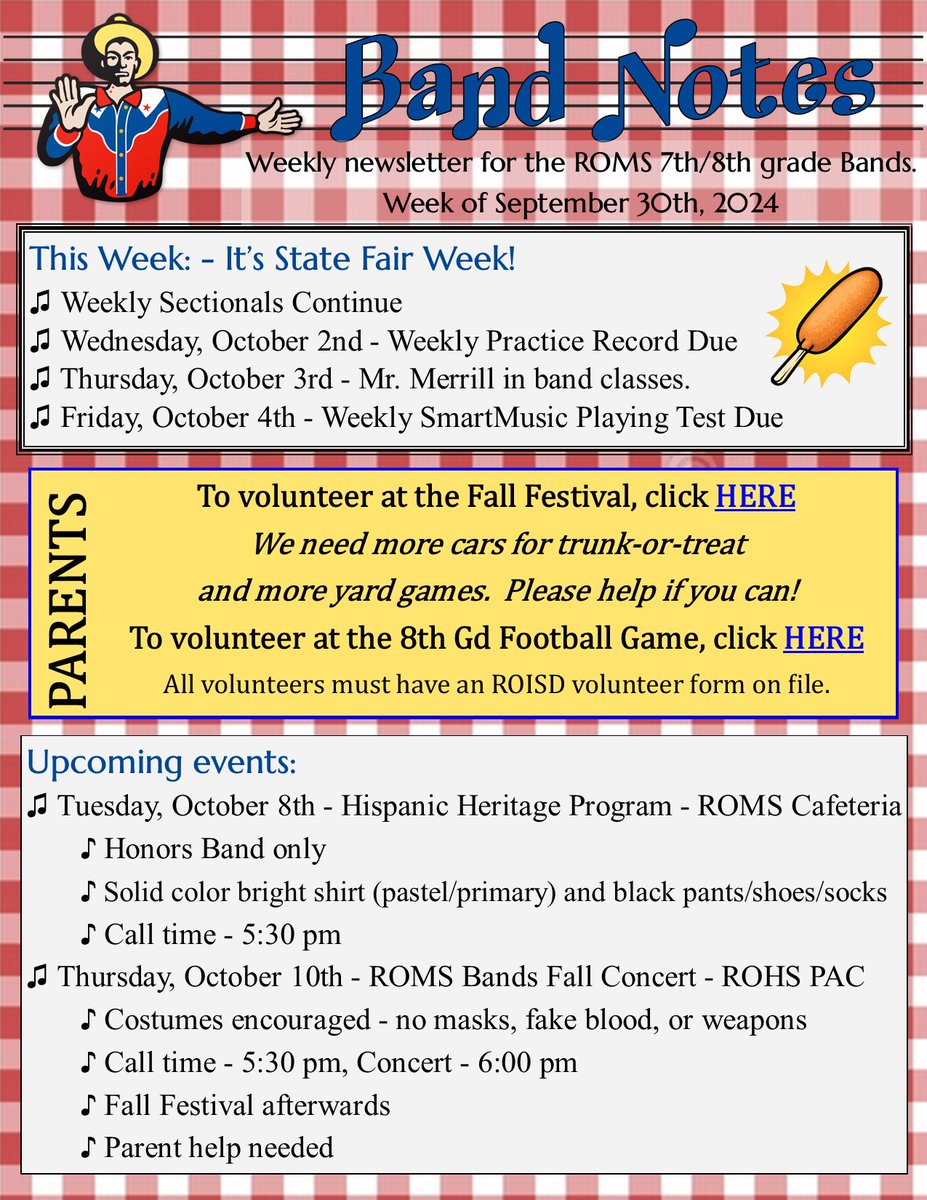 RedOakMSBand's tweet photo. Check our this week's newsletters. The State Fair isn't the only thing starting this time of year. Our beginning band students have their first performance THIS THURSDAY!!! https://t.co/q7bMjv5TV7