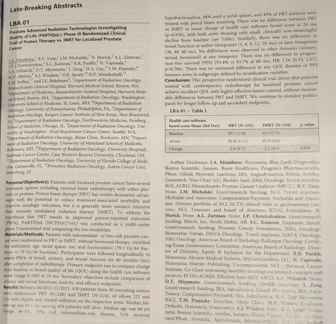 ASTRO abstracts are no longer embargoed after 5PM EST 9/27.  Here is LBA1:  PARTIQoL, Phase III study of protons vs IMRT for LR/IR prostate cancer. No significant differences in tumor control or patient-reported quality of life out to 60 months of follow up. #radonc