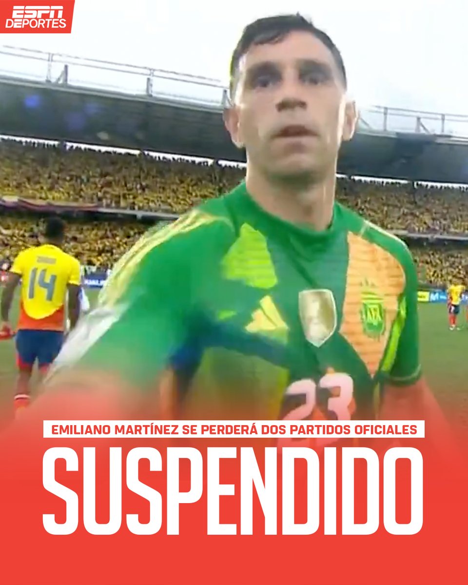 ESPNDeportes's tweet photo. La Asociación del Fútbol Argentino informó a través de su sitio oficial que la FIFA sancionó a Emiliano Martínez, declarándolo responsable de comportamiento ofensivo y por la violación de los principios del juego limpio. 

La @afa informa que será suspendido por dos partidos. https://t.co/nfPRTbIiD6