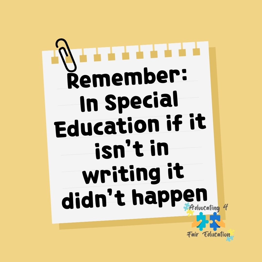4faireducation's tweet image. Do you have an example of not getting it in writing and then the version of what was discussed changed?  

#SpecialEducationAdvocate #GetItInWriting #IEPhelp #EducationTips #LifeTips