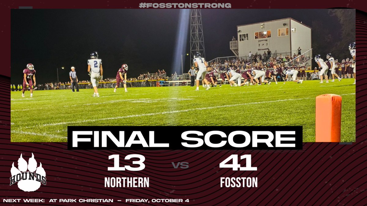 Fosston Greyhounds (@fhsgreyhounds) on Twitter photo The Greyhound football team improved to 5-0 on the year after a 41-13 win over the Northern Freeze on Homecoming. The #Greyhounds will travel to Moorhead next Friday to take on the Park Christian Falcons. Have a great weekend π #FosstonStrong
<a href="/krjbkrjmkkcq/">KRJB KRJM KKCQ Radio</a> <a href="/MinnesotaScores/">Minnesota-Scores.net</a> The Greyhound football team improved to 5-0 on the year after a 41-13 win over the Northern Freeze on Homecoming. The #Greyhounds will travel to Moorhead next Friday to take on the Park Christian Falcons. Have a great weekend π #FosstonStrong
<a href="/krjbkrjmkkcq/">KRJB KRJM KKCQ Radio</a> <a href="/MinnesotaScores/">Minnesota-Scores.net</a>