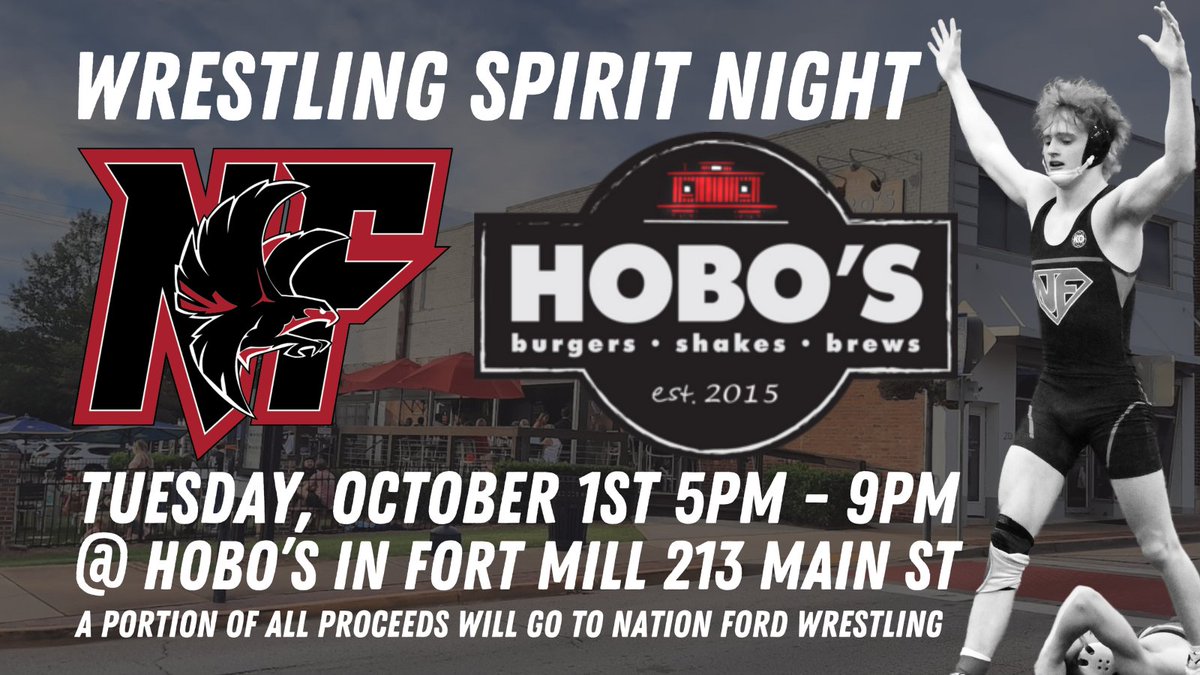 Got dinner plans? Head to Hobo’s from 5-9pm! A portion of sales will go to the Athletic Booster Club to benefit our wrestling team. 

Whether you dine in or take out, your meal makes a difference for our student-athletes. <a href="/NAFO_Athletics/">NationFordAthletics</a> <a href="/NaFoWrestling/">Nation Ford Wrestling</a> 

#nafoyouknow #onenation