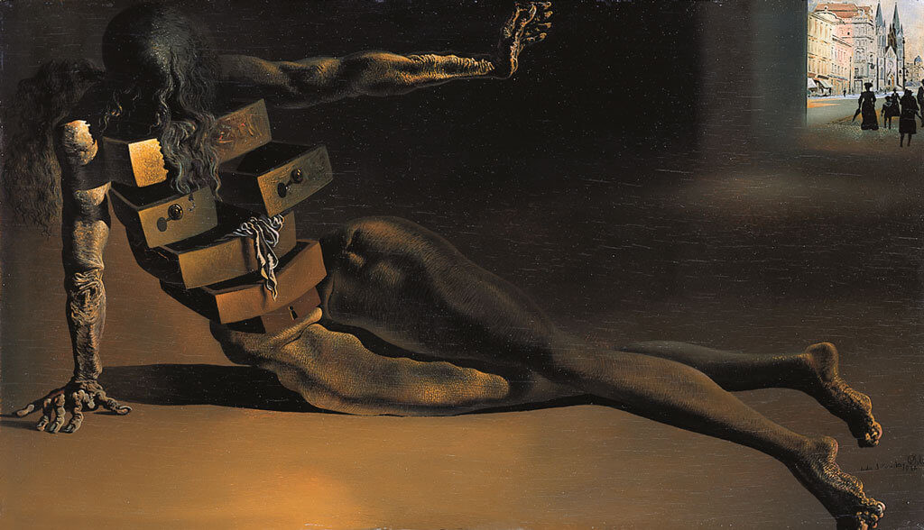 Satyen_Baindur's tweet photo. @kaushikcbasu The most famous surrealist painting of the most famous surrealist painter, Dali - #ThePersistenceOfMemory, has a chest of drawers (on which the bent clock rests). But he also has another: The Anthropometric Cabinet👇, with a chest of drawers; your screensaver seems a variation.😊 https://t.co/hLoZqA1GU8