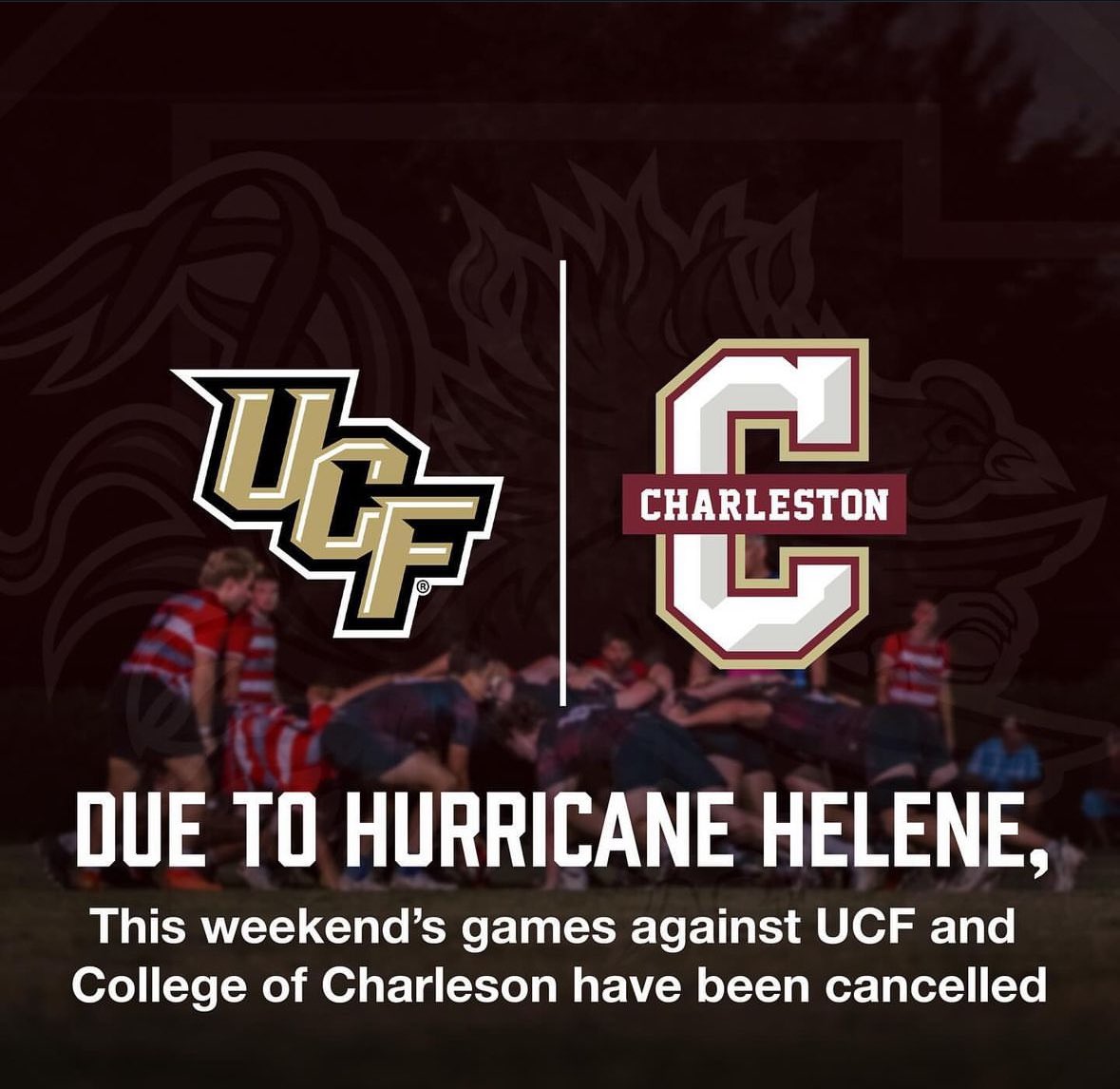 CockRugby's tweet image. Unfortunately, the conditions of our field after Hurricane Helene have forced us to cancel our A-side game against UCF and our B-side game against College of Charleston tomorrow.
