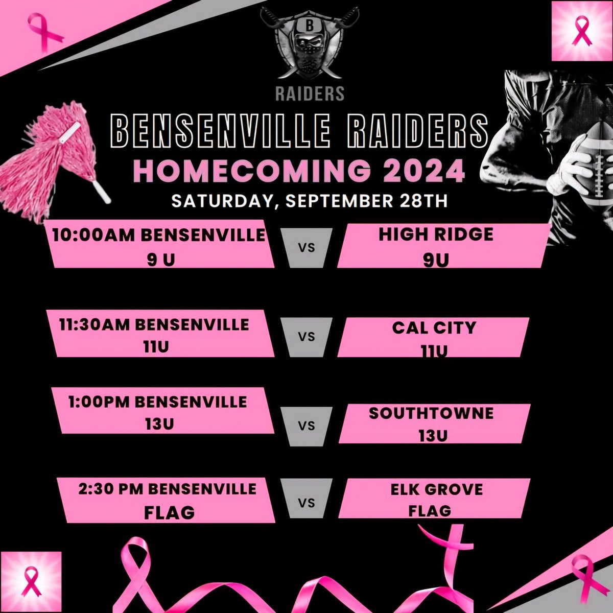 There is no Homecoming like the Bensenville Raiders Homecoming! It's a time to celebrate all of our football players &amp; cheerleaders! We will be honoring our breast cancer fighters &amp; survivors. Invite your friends and family to come on out and make some noise #RaiderNation