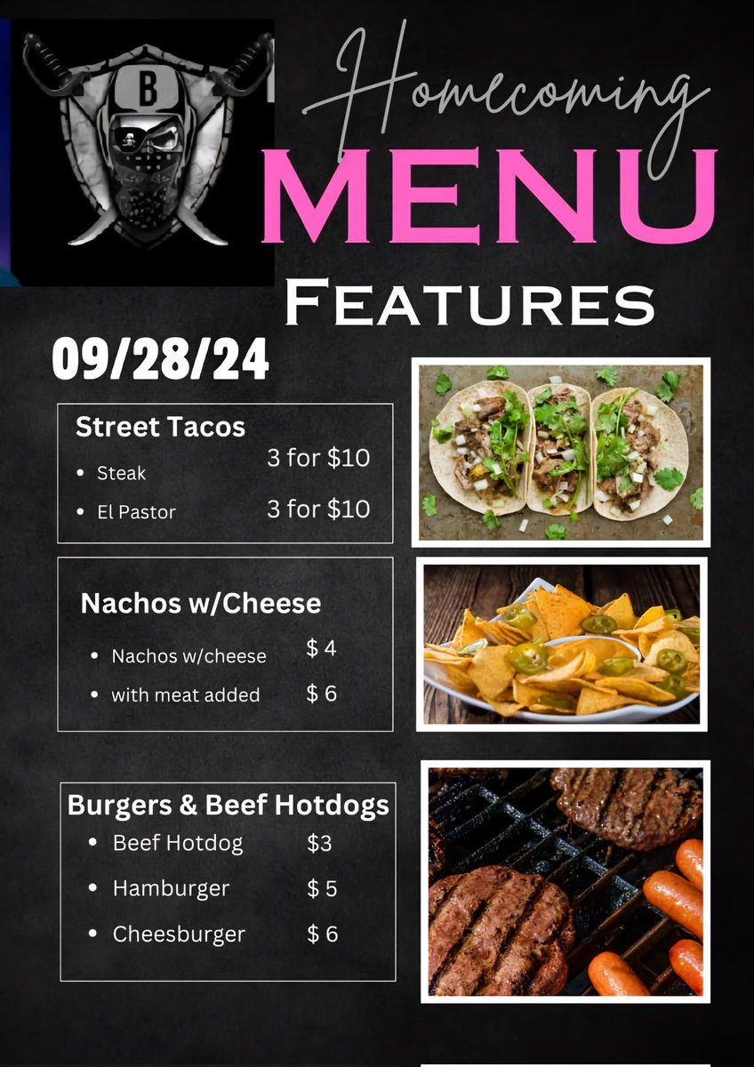 Homecoming is tomorrow Bring your appetite! Games will be from 9am to 3pm. Stop by the concession explore our special menu! Other concession items will be available for purchase as well.
See ya there! Redmond Park in Bensenville. #RaiderNation