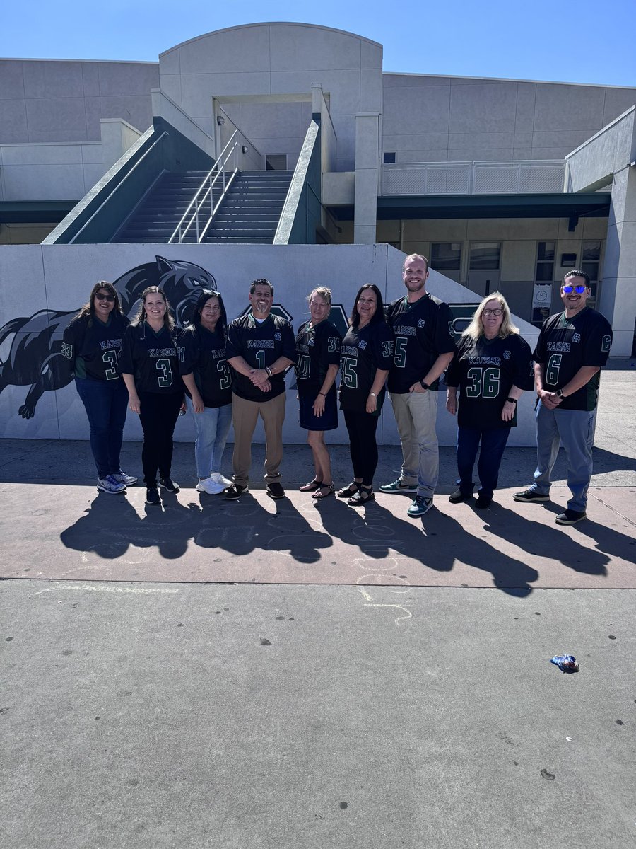 FontanaLearning's tweet photo. What a team! 💚 I appreciate this team of administrators and secretaries who go above and beyond to support our Cats…and they look sharp in their matching jerseys! #GoCats #KaiserStrong 😎☀️💯 https://t.co/HTfuuPEL4k