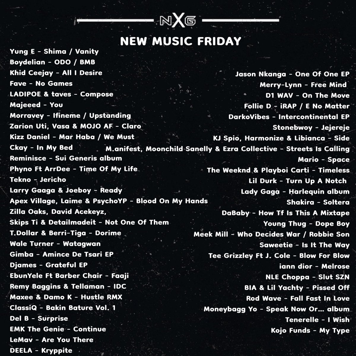 NEW MUSIC FRIDAY

Yung E - Shima / Vanity 
Boydelian - ODO / BMB
Khid Ceejay - All I Desire
Fave - No Games
LADIPOE &amp; taves - Compose
Majeeed - You
Morravey - Ifineme / Upstanding 
Zarion Uti, Vasa &amp; MOJO AF - Claro

Link to playlist👇
open.spotify.com/playlist/3fu8f…