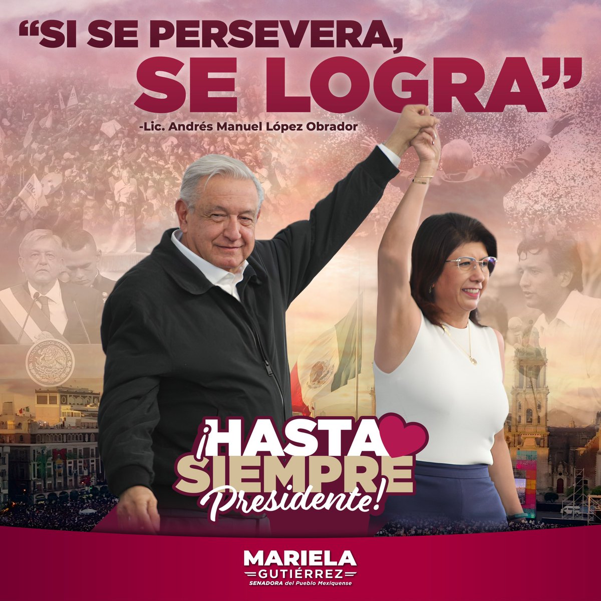 MarielaGtzEsc's tweet photo. Coincidir en estos tiempos de transformación con el mejor Presidente de la historia ha sido un privilegio.

Le agradecemos su ejemplo de congruencia, rectitud, honradez y perseverancia que siempre llevaremos en nuestra memoria y corazón.

¡Ha sido un honor luchar con Obrador! https://t.co/zhmxmqnXe6