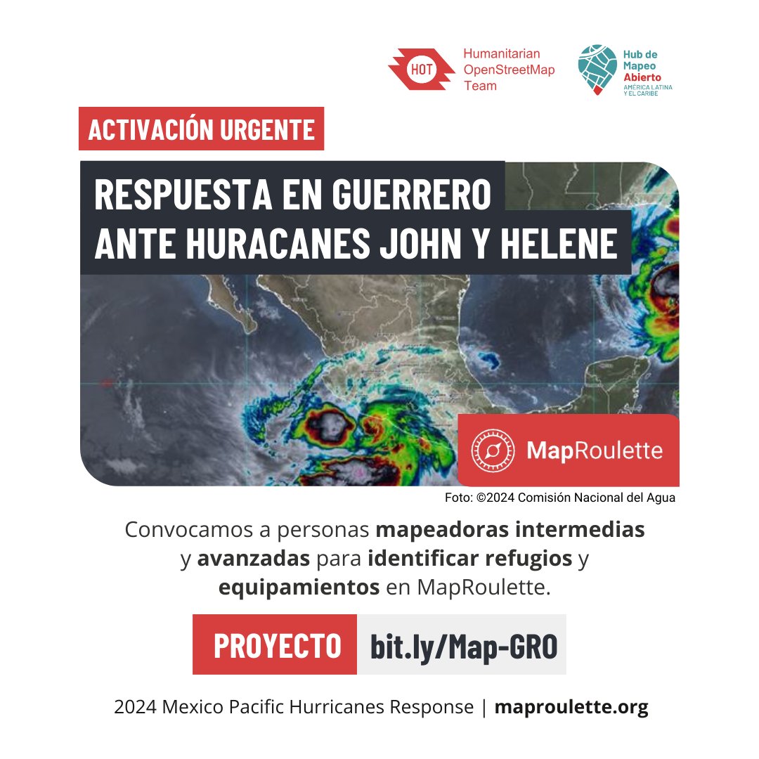 🚨 URGENTE 🚨 Comunidad  #OSM, requerimos su apoyo en el mapeo de albergues y equipamientos en #Guerrero, México, en conjunto con <a href="/PC_Guerrero/">Secretaría de Gestión Integral de Riesgos y PC-Gro</a>, frente a la llegada del #HuracánJohn y el paso del #HuracánHelene. 🌀🏠

¡Ayúdanos RT y mapeando! → bit.ly/Map-GRO