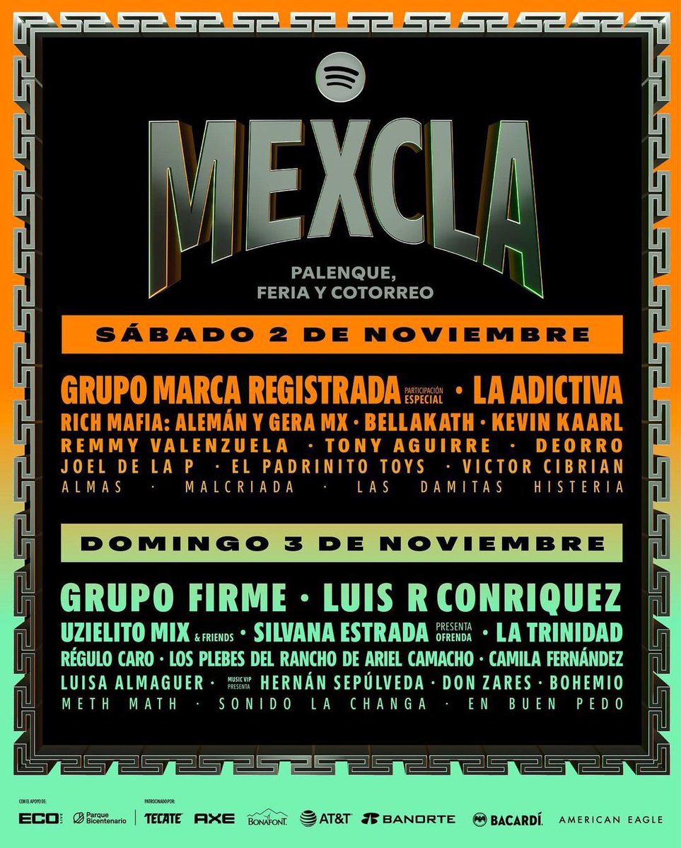 CallingMx's tweet image. 🇲🇽 ¡RICH MAFIA: Alemán, Gera MX y LA TRINIDAD: Eme Malafe, El Malilla y El Bogueto se unen a MEXCLA Spotify! ❤️‍🔥
🏃‍♀️ Boletos por día YA disponibles en Boletia 🎟️. 
#ECOLive #HitsFuturos #CallingMx