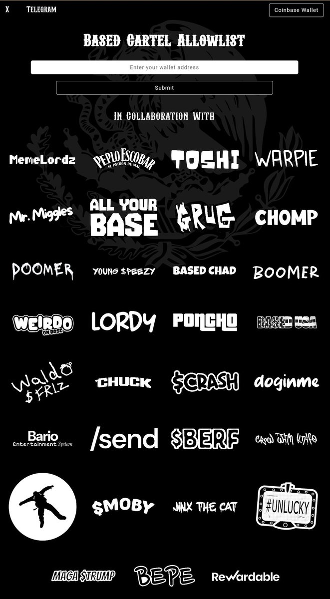 Just a little over 24 hours to go to add your wallet address to BasedCartel.life 

<a href="/basedpeplo/">Peplo Escobar</a>
@Toshi_base 
@WarpieTheWombat 
<a href="/MemeLordzRPG/">MemeLordz</a> 
<a href="/MrMigglesOnBase/">Mr. Miggles</a> 
<a href="/grugnorug/">Grug</a> 
<a href="/AllYourBase_AYB/">All Your Base Are Belong To You</a> 
<a href="/Chompcoin/">CHOMP</a> 
<a href="/DoomerOnBaseCTO/">DOOMER</a> 
<a href="/YoungPeezy_Pepe/">Peezy 🟦</a> 
<a href="/crow_with_knife/">crow with knife</a> 
<a href="/Send/">Send</a>